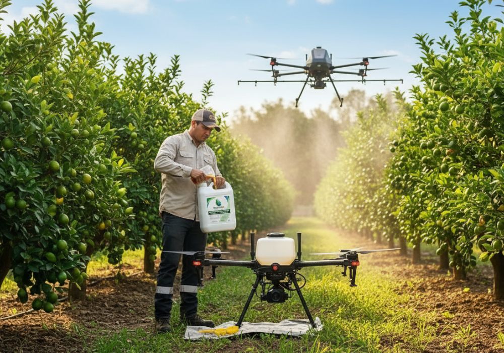 Aplicación Foliar Fertilizante orgánico líquido Organitech aplicado con dron agrícola en cultivo de limón