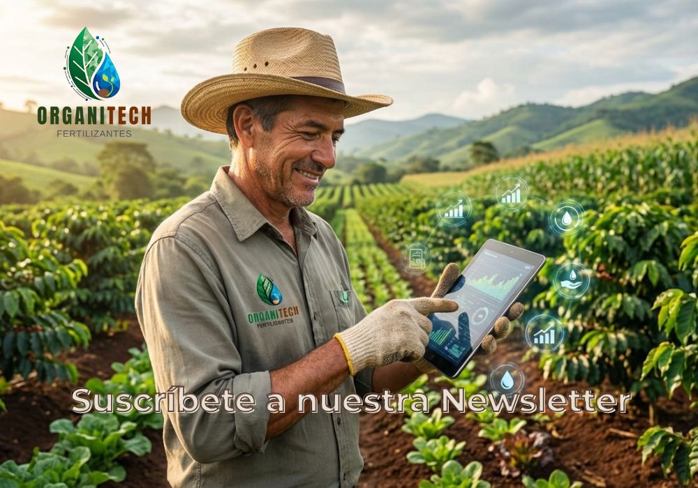 Newsletter Organitech Agricultor colombiano usando tecnología agrícola en cultivo sostenible con fertilizantes orgánicos