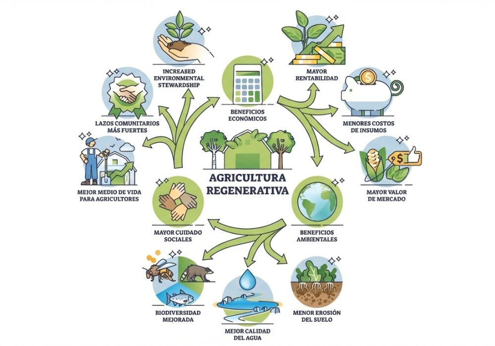 Pilares de Organitech Infografía sobre restauración de suelos y sus beneficios ambientales, sociales y económicos<br />