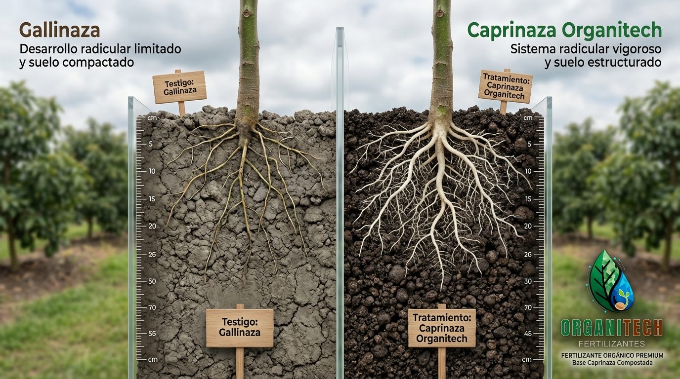 Comparativa radicular abonos organicos premium de Organitech vs otros abonos de estiercol de ave.