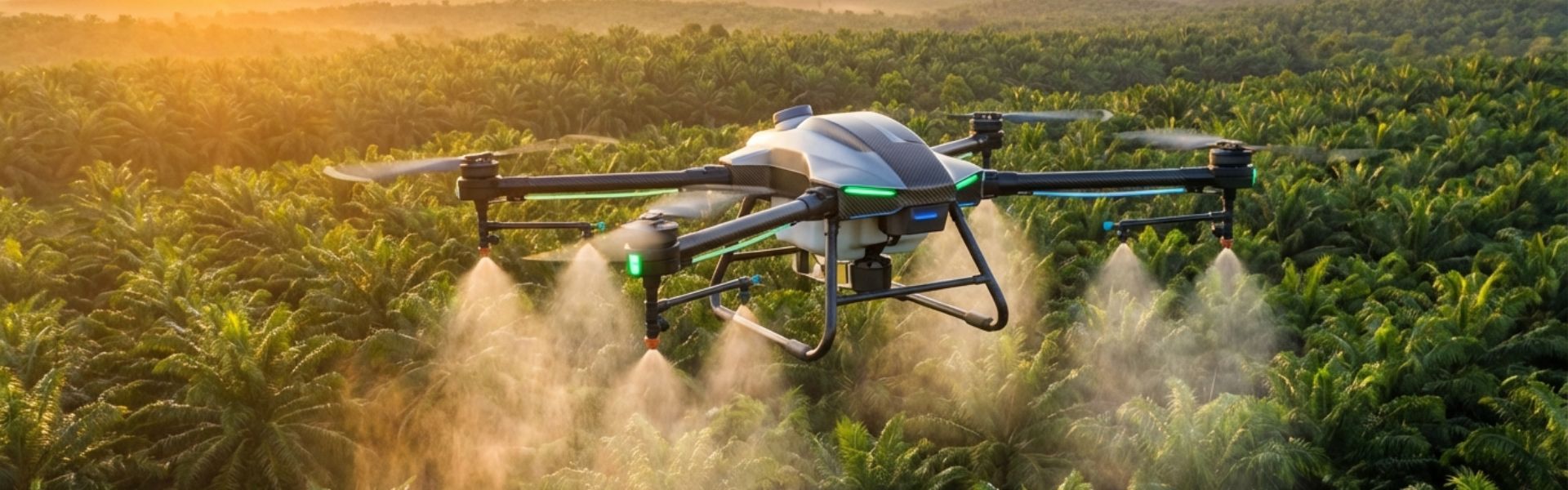 Aplicación Bioinsumos con Dron Dron agrícola de precisión aplicando bioinsumos en un cultivo de palma de aceite.